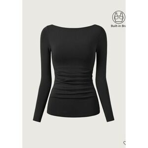 OGL Eco-Mousse Boatneck Tucks Brami Top Black Long Sleeve Built-in Bra Size XL